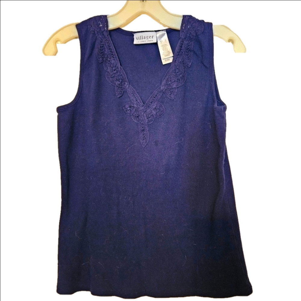 #166 Vintage " Villager" A Liz Claiborne Co.- Navy blue tank top w lace- Size: L - Picture 1 of 3